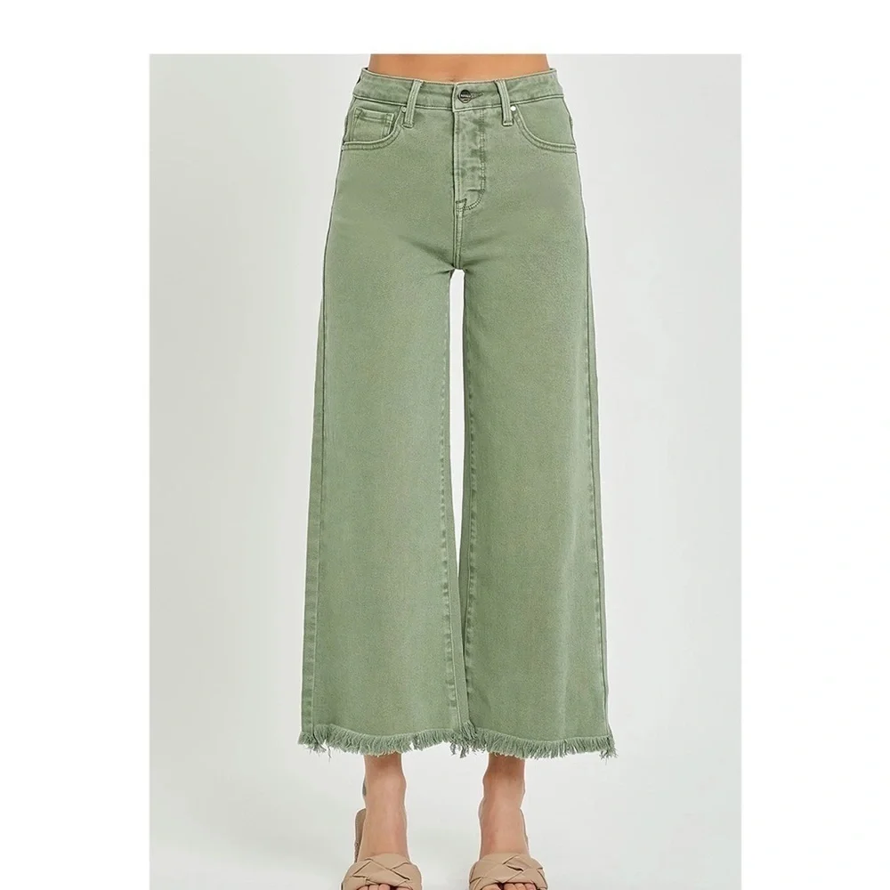 Risen Wide Leg Cropped Jeans Tummy Control in Olive Size 1XL